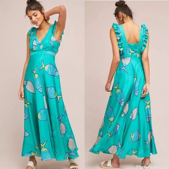 Revolve Anthropologie Anupamaa Silk Summer School Vibrant Green Maxi Dress - Picture 1 of 9